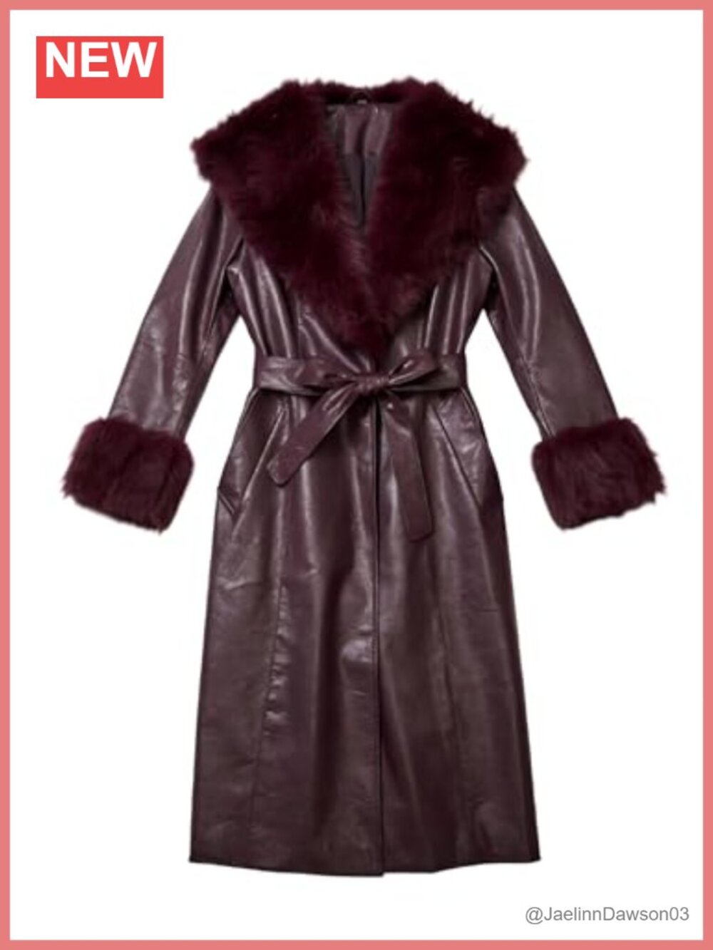Faux Leather Long Sleeve Belted Overcoat with Faux Fur Collar Winter Coat
